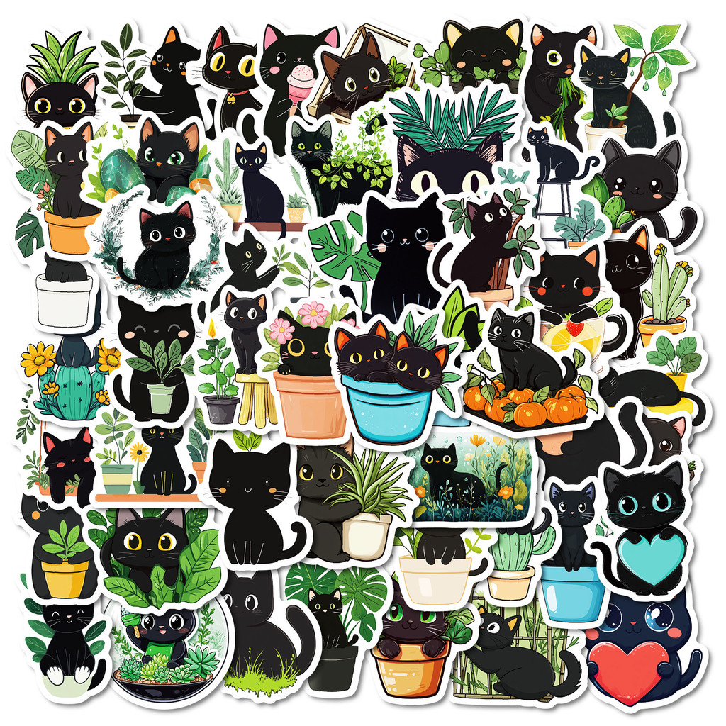 

50Pcs hand drawn plant black cat graffiti decoration stickers cartoon water cup guitar computer skateboard stickers