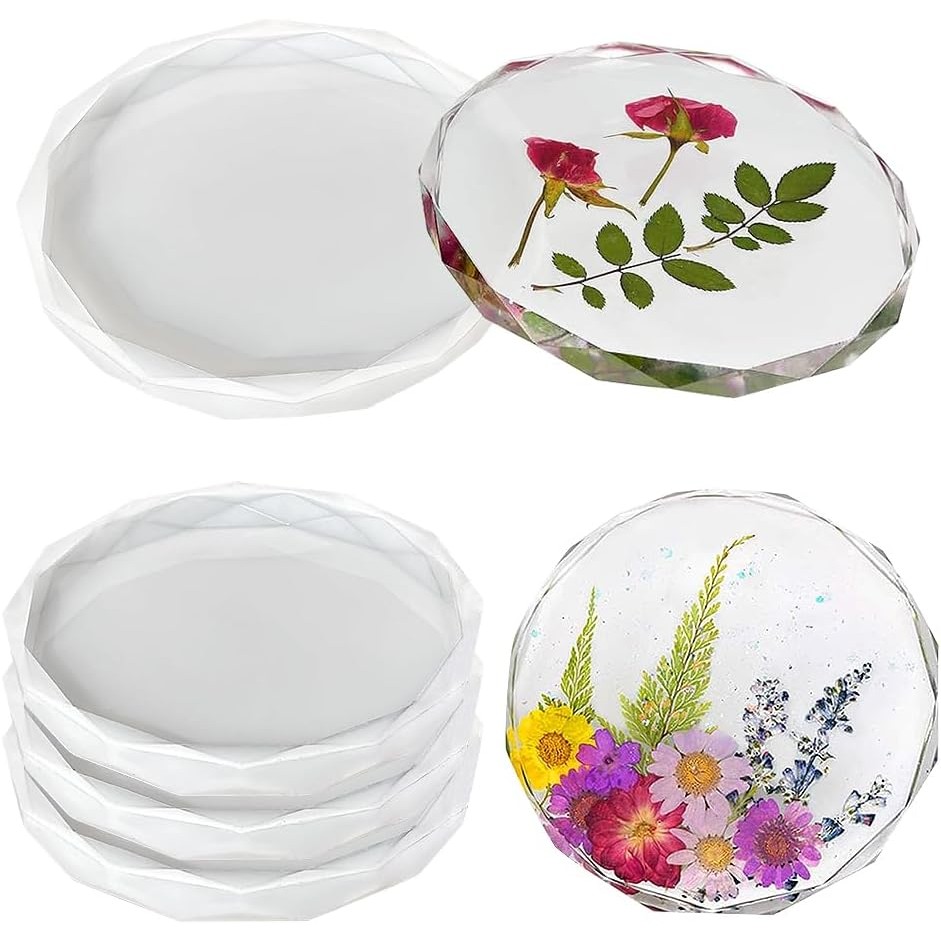 

4 Pack Resin Coaster Molds Diamond Edge Crystal Coaster Silicone Molds for Epoxy Resin Flower Bouquet Preservation Cups Mats
