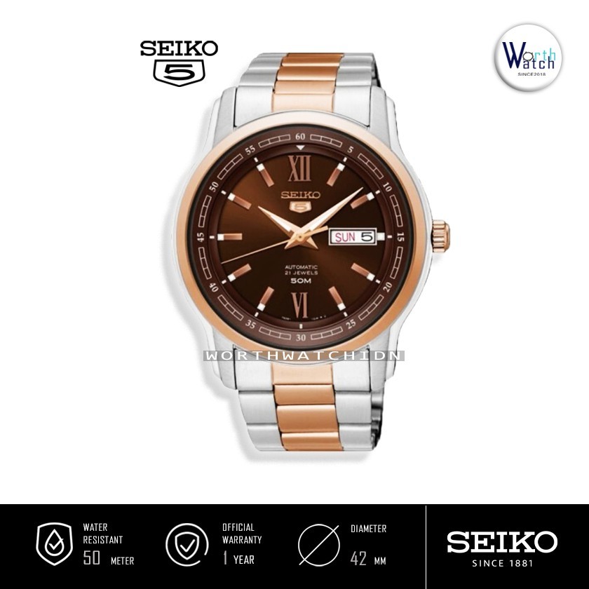 Jam Tangan Pria Otomatis Seiko 5 Automatic Brown Dial Stainless Steel Original SNKP18K1