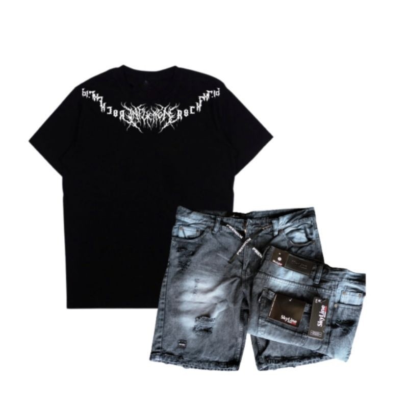 Setelan Terbaru kaos Metal Rock dan celana jeans pendek sobek Denim