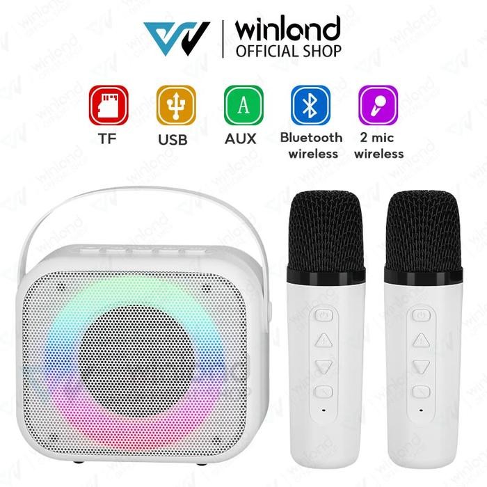 Hot Produk Winland speaker karaoke bluetooth mini full bass portable wireless 2 mic (Dapat terhubung