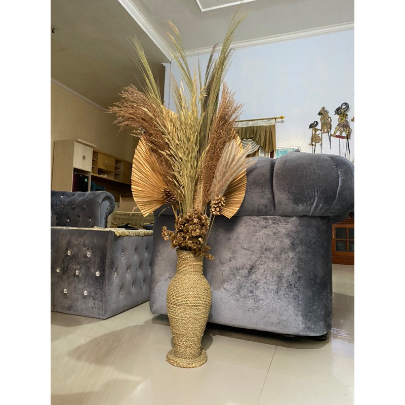 Paket Lengkap Bunga dan Pot | Daun Palem Kering | Bunga Kering | Pampas | Rayung | Dekorasi Rustic |