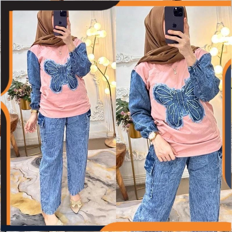Setelan Levis Wanita Kekinian Oneset Levis Kupu kupu Kombinasi Kaos Wanita Setelan Kaos Wanita Terba