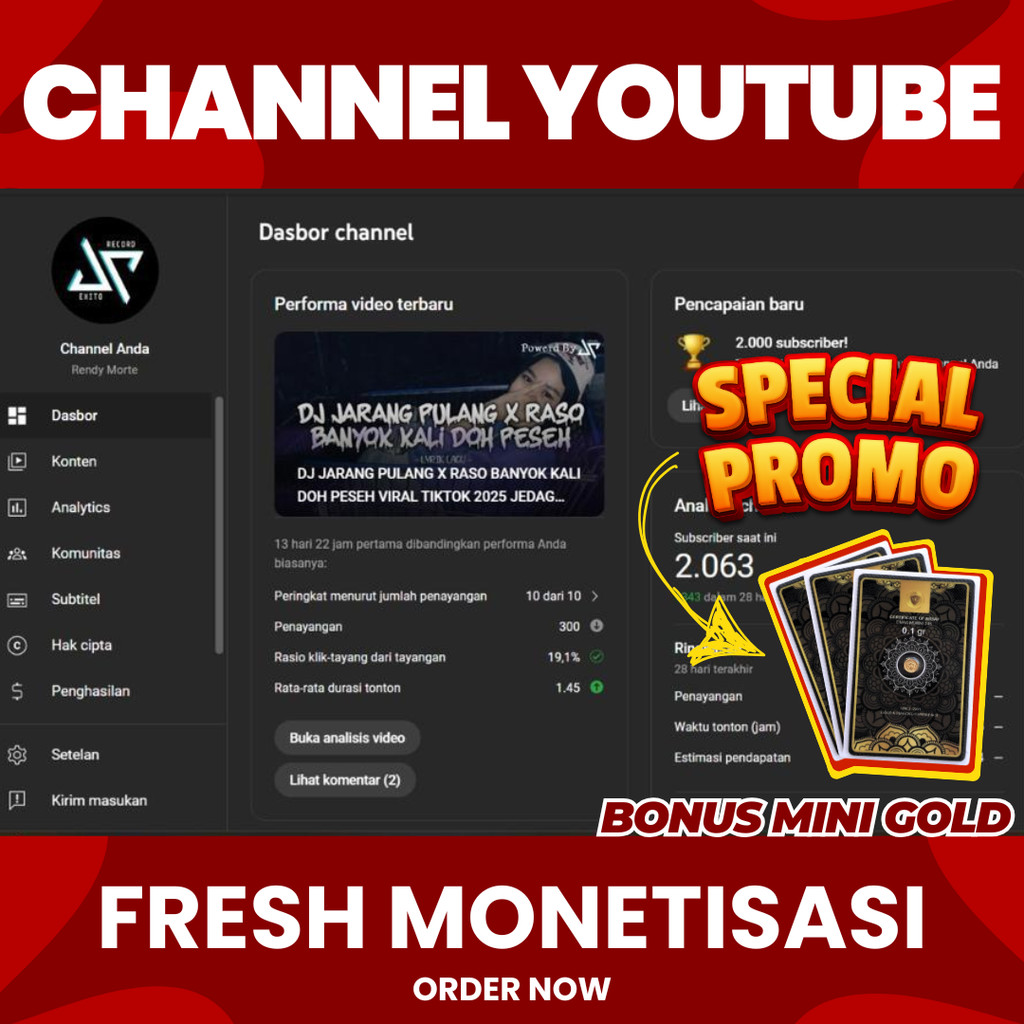 JUAL CHANNEL YOUTUBE SUDAH MONETISASI (FRESH) TINGGAL PAKAI SEPAKET ADSENSE