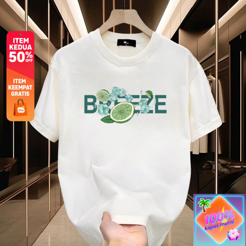 Kaos Pendek Katun Kasual Pria Shopee dengan Cetak Limun, Es & Huruf BREEZE Trendy