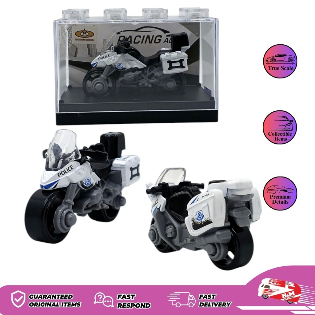 Diecast Motor Police Putih #2 - Mainan Kendaraan Motor Polisi - Kemasan Acrilic