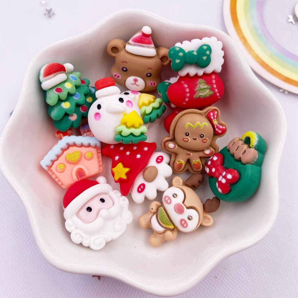 

Resin Kawaii Colorful Santa Trees Bear Snowman Huse Cracker man Flatback Stone Christma Figurine 10PCS Scrapbook DIY Decor Craft