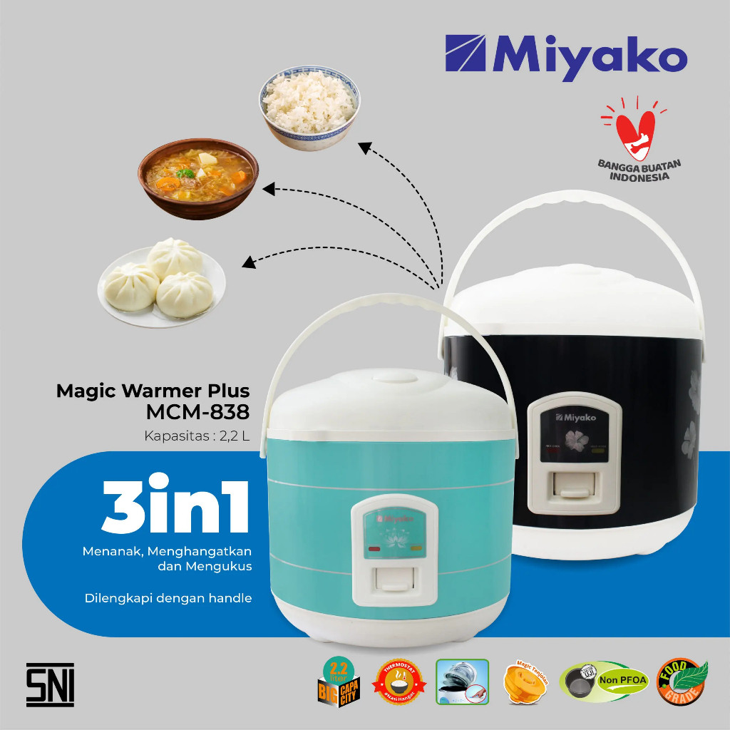 Magic Com Miyako MCM 838 Rice Cooker 3 IN 1 Penanak Penghangat Nasi 2.2 Liter 2.2L Panci Jumbo Anti 