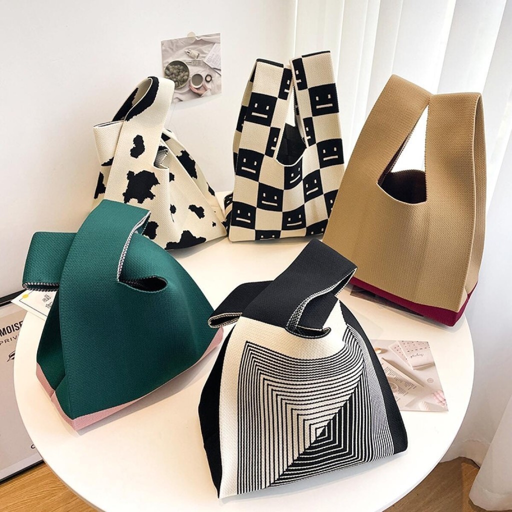 【COD】Tas Tangan Kain Rajut Gaya Pola Bunga Rajutan Tas Kain Pola Lucu Tote bag Rajut Handmade Tas An