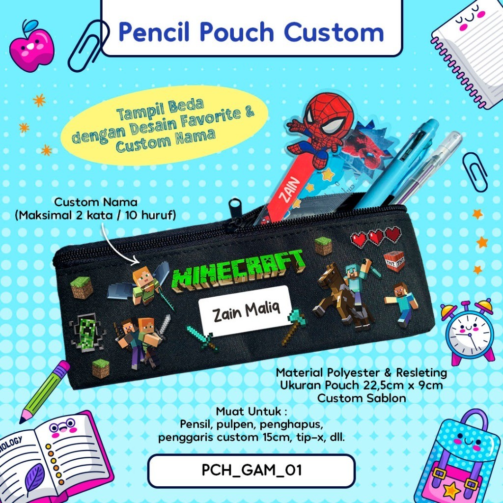 

Pencil Pouch Custom / Tempat Pensil Pouch Bisa Pakai Nama Tema Desain Game Anak Laki MINECRAFT & ROBLOX Kode PCH_GAM