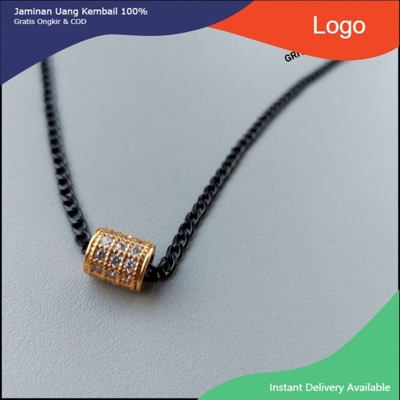909758 ~ Kalung Rantai Stainless Steel Hitam Mix Liontin Cubic Zirconia Lapis Emas 18k Gold Premium