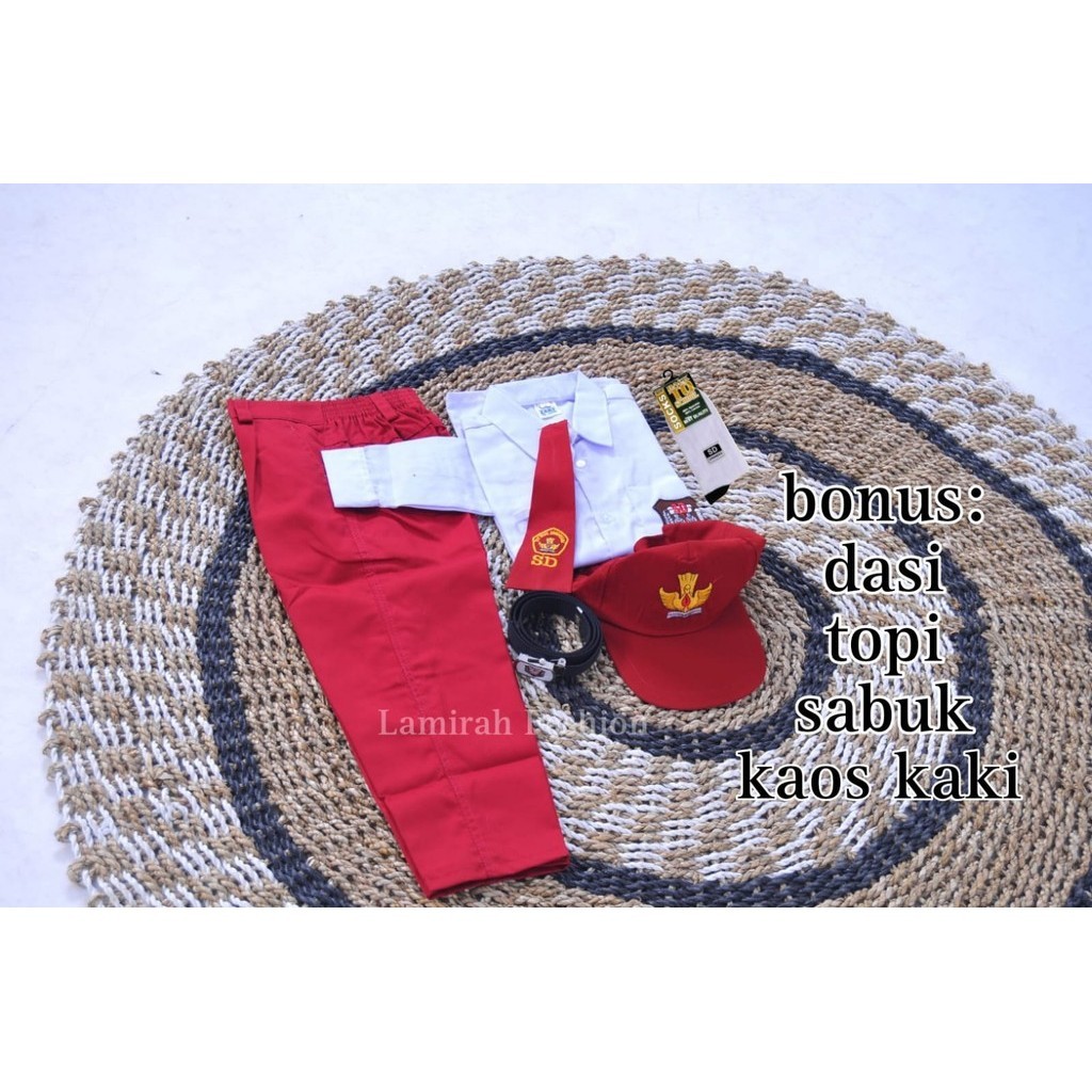 SETELAN SERAGAM SD ANAK LAKI LAKI / SERAGAM MERAH PUTIH SEKOLAH SD KELAS 1-6 BONUS TOPI DASI SABUK D