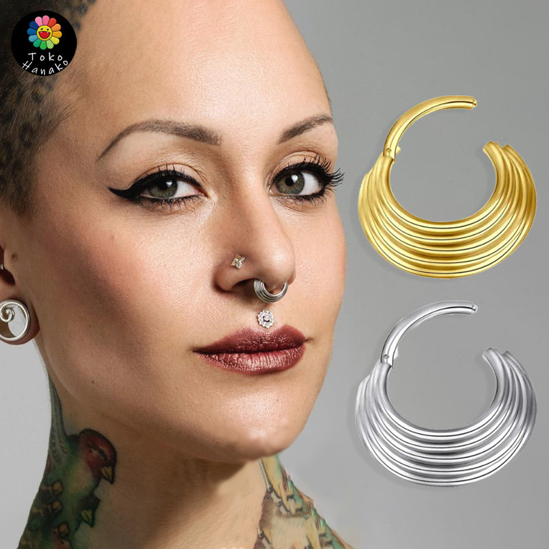 Anting Hidung Titanium Piercing Lima Lapis Anting Bulat Anting Steel Tindik Magnet Gaya Punk Rock An