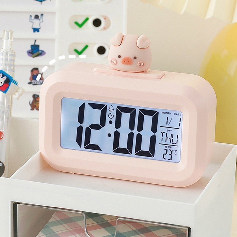 Cute Cartoon Mini Digital Alarm Clock Backlight Snooze Mute Calendar Clock Desktop Table Clocks Temp