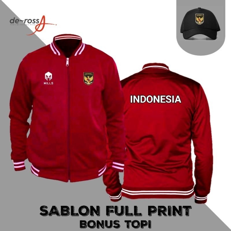 Jaket Versity indonesia Timnas MILLS bonus topi full print// PRODUK MURAH PROMO SALE