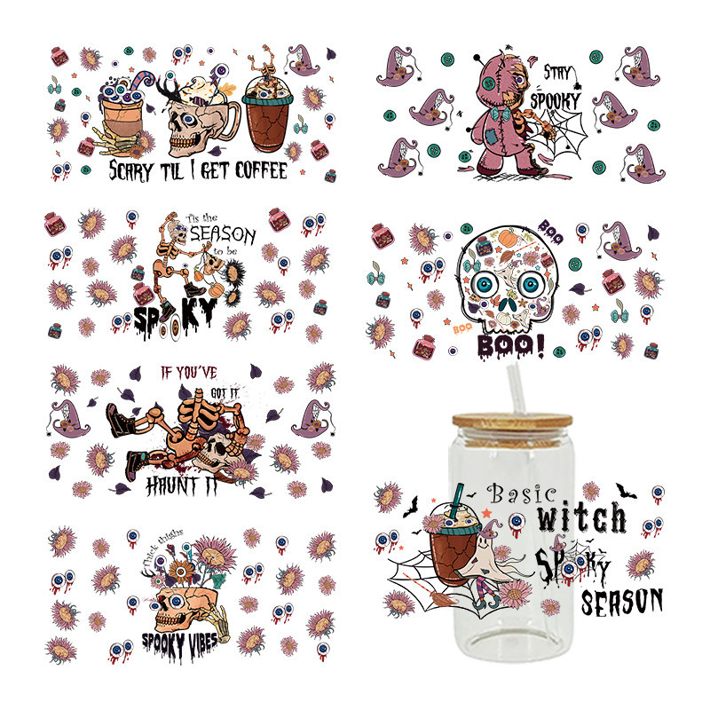 

UV DTF Transfer Sticker Halloween Skeleton For The 16oz Libbey Glasses Wraps Bottles Cup Can DIY Waterproof Custom Decals D5254