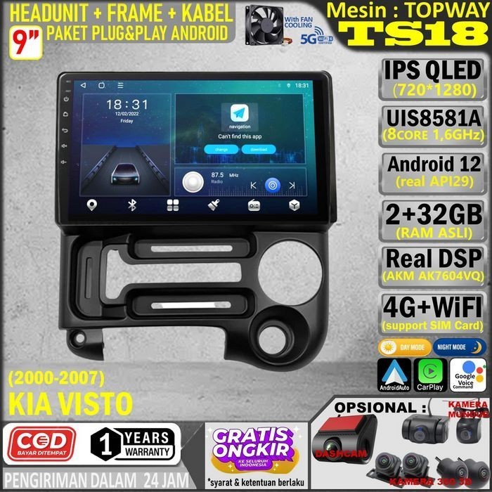 Paket Headunit Android 9 inch + Frame + Soket PNP Kia Visto 2000-2007 Topway TS18 UIS8581A-Octacore 