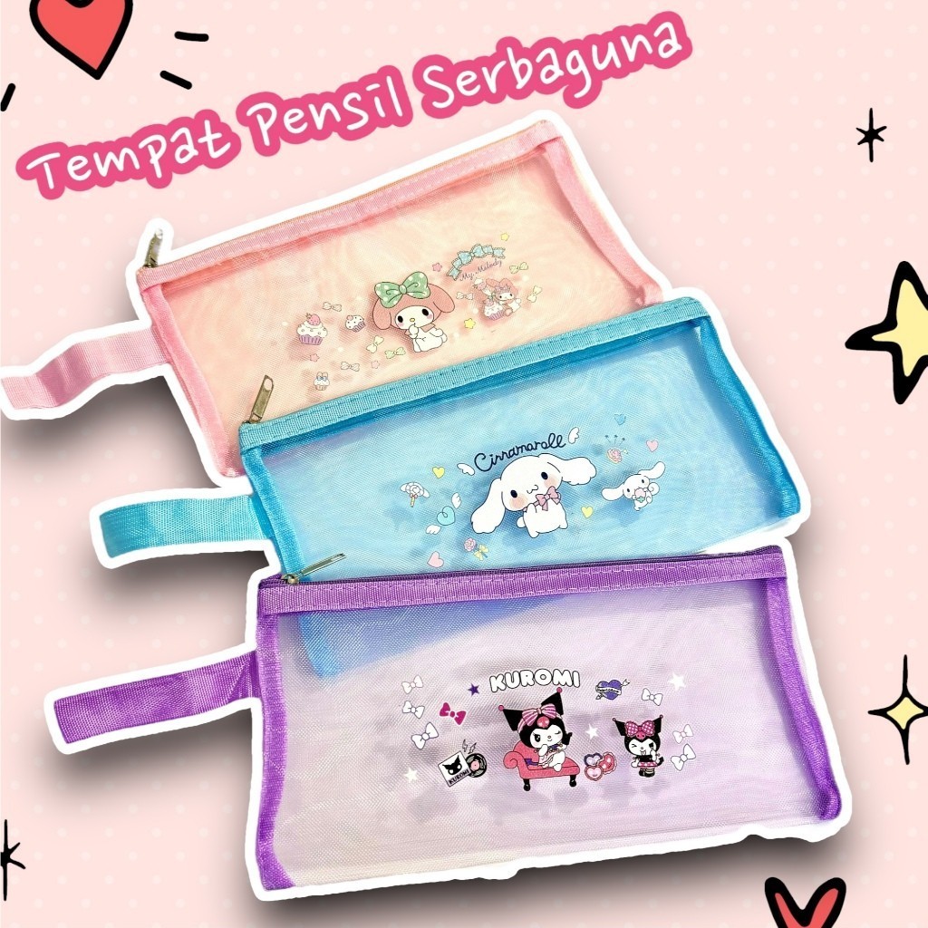 

[RF] Tempat Pensil Model Jaring Wadah Alat Tulis Anak Karakter Sanrio Kuromi My Melody Cinamorol kotak pensil Pouch jaring bening serbaguna