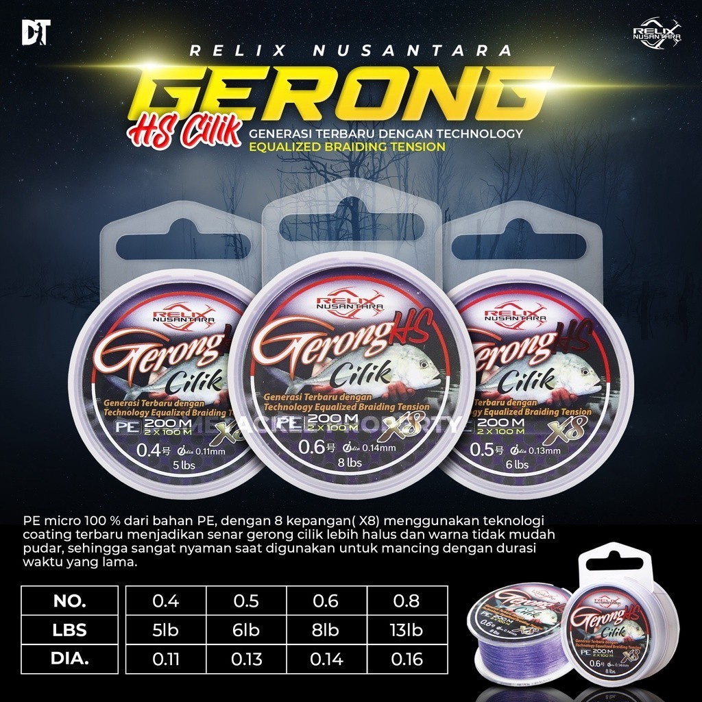 Gerong HS Cilik X8 Relix Nusantara Senar PE 200 Meter Senar Benang PE Pancing Satu Warna Violet PE 0