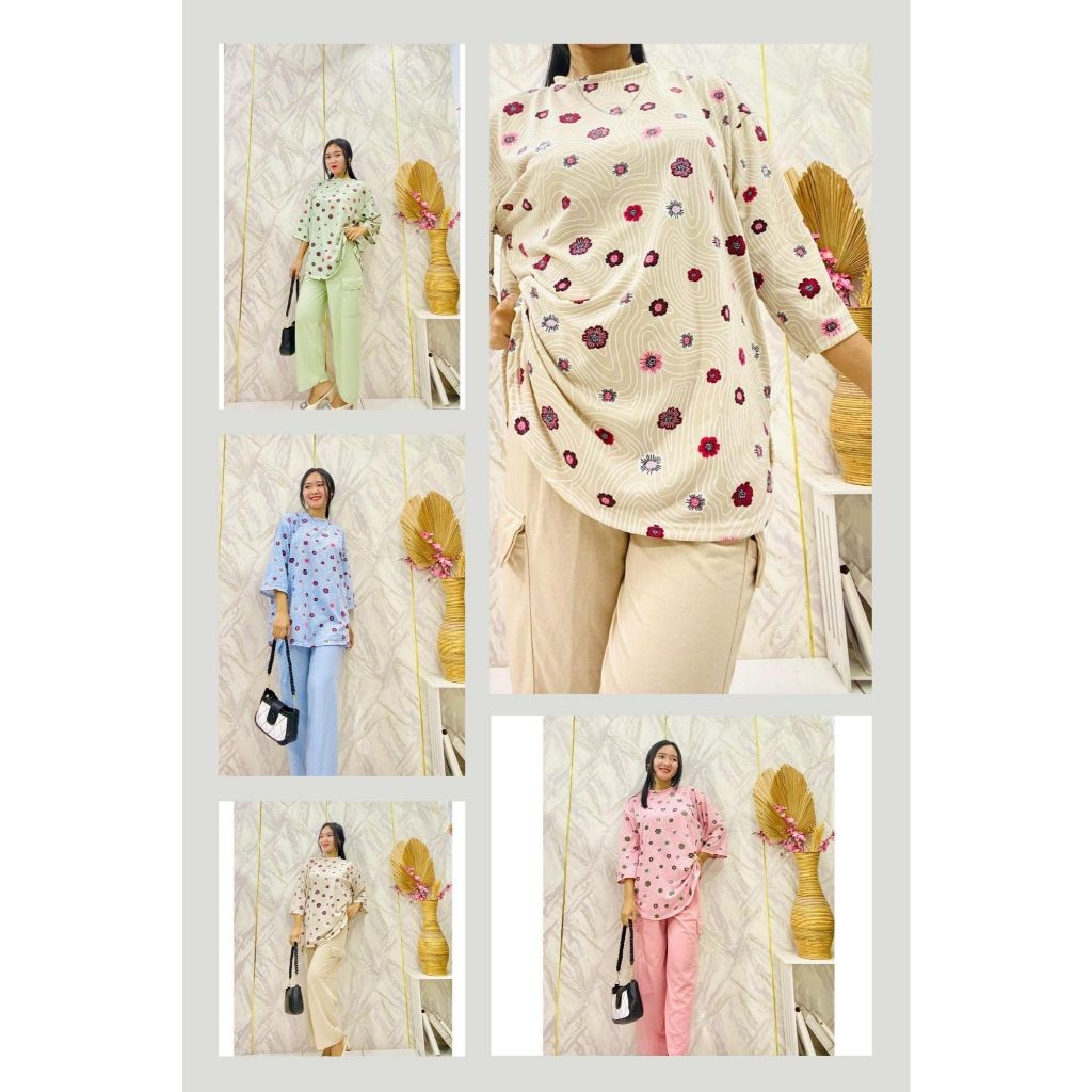 AZ.FS - RPF OOTD Setelan Wanita Lengan 3/4 Celana Panjang / SET CARGO SET FLOWER SETELAN CELANA CARG
