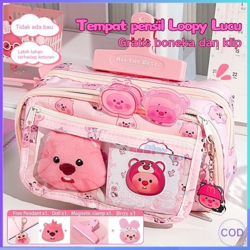 

【COD】Tempat pensil pencetakan Loopy / tas alat tulis 9 lapis berkapasitas besar Gratis boneka dan klip