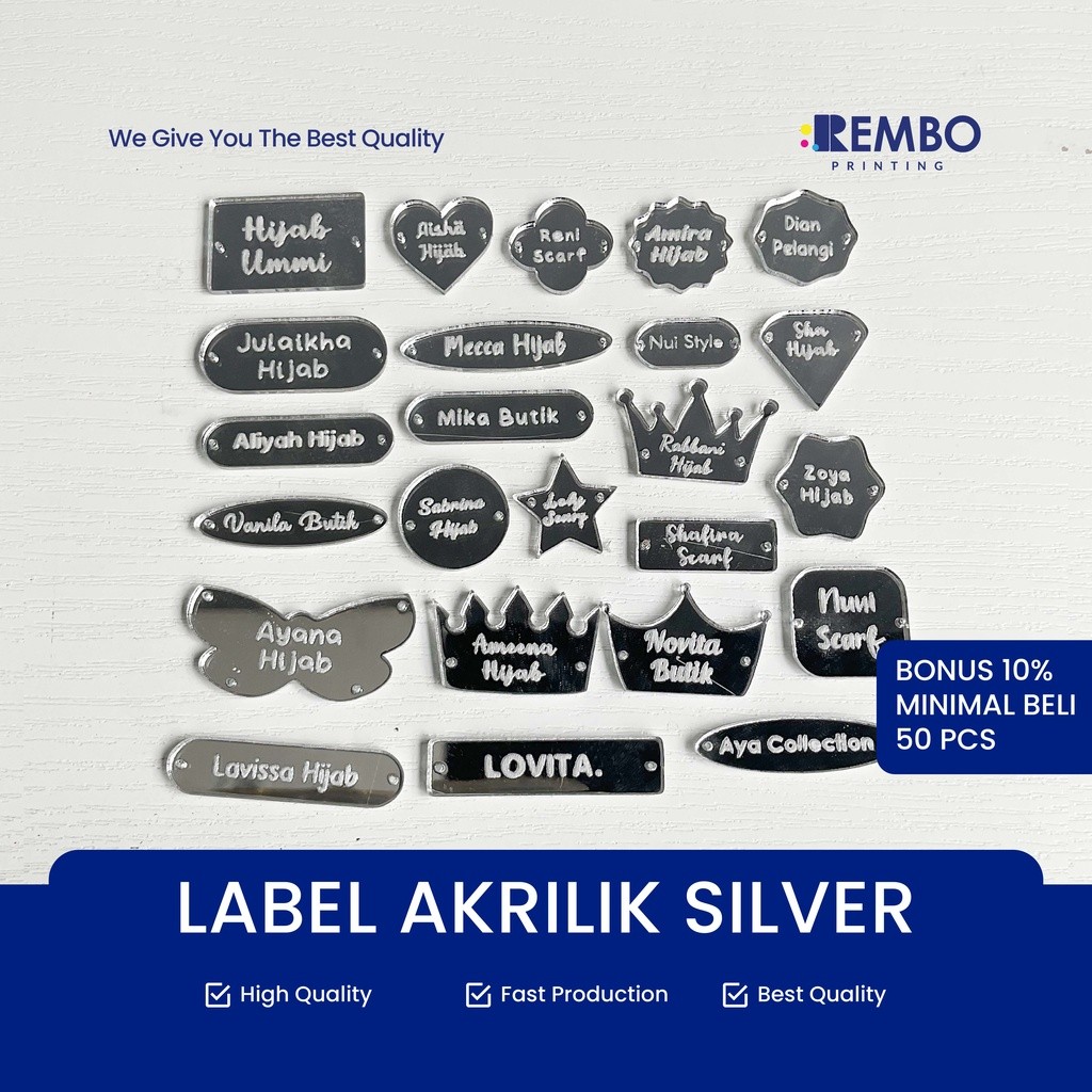 

[Min.Rendah] Label Akrilik Silver Rebranding Hijab Warna Silver / Baju / Gamis / Label Baju Acrylic / Label Jilbab Silver TERLARIS
