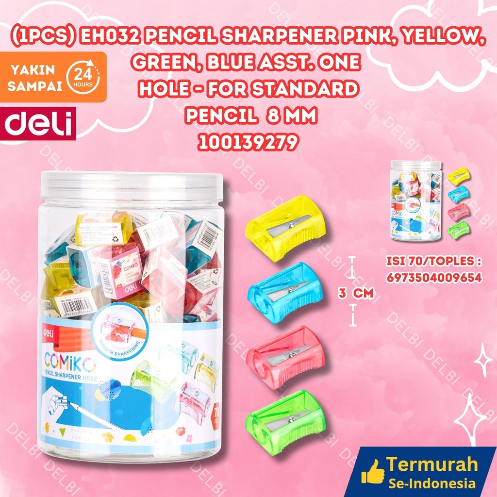 

Deli Sharpener / Rautan Pensil Lucu Warna-Warni (1PCS) EH032 PENCIL SHARPENER PINK,YELLOW,GREEN,BLUE ASST. ONE HOLE-FOR STANDARD PENCIL 8MM