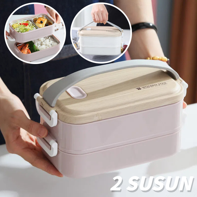 Bento Lunch Box Stainless Steel 304 Stackable Kayu Jepang  Rantang Kotak Bekal Makan 2 Susun