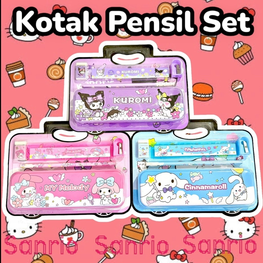 

Kokoyu Kotak Pensil Set Stationery Kuromi 5 in 1 Sanrio Kuromi Melody Cianamorol isi Kotak Pensil Pensil Penggaris Penghapus Serutan