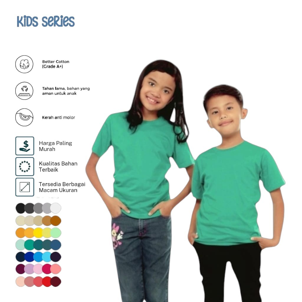 Kaos polos anak HIJAU TOSCA MUDA lengan pendek bahan cotton 32s kaos polos anak unisex umur 1 sampai