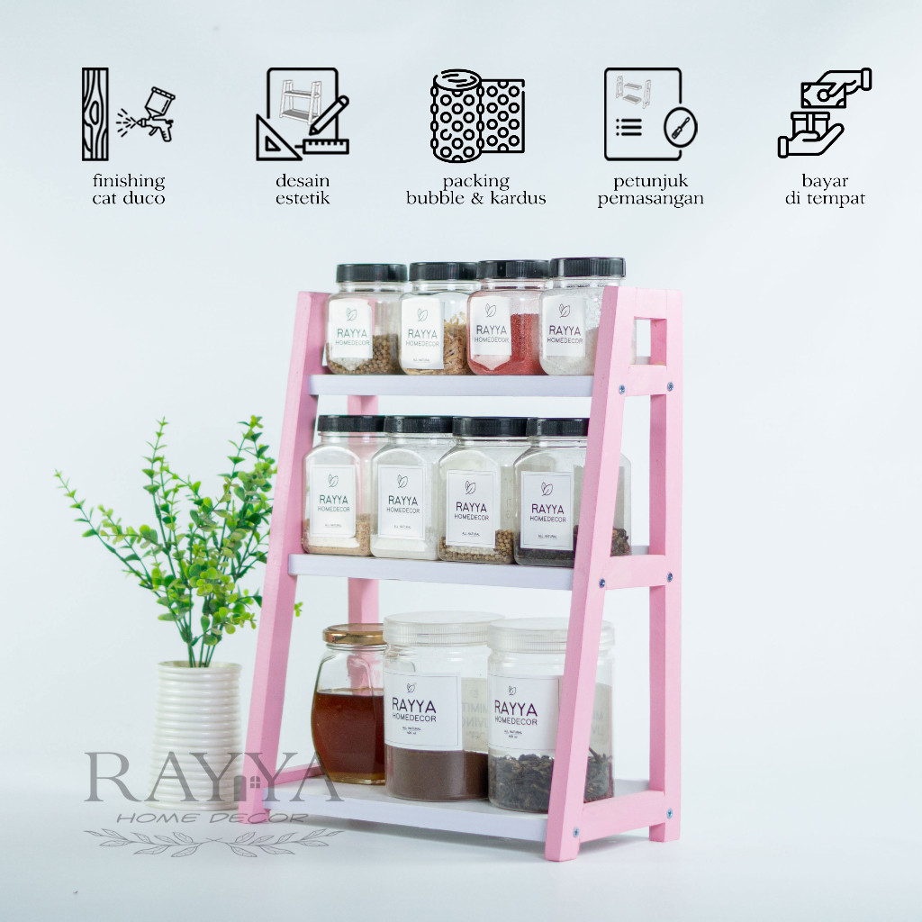 GT65R RAK BUMBU DAPUR KAYU SERBGAUNA 3 SUSUN MEDIUM PINK