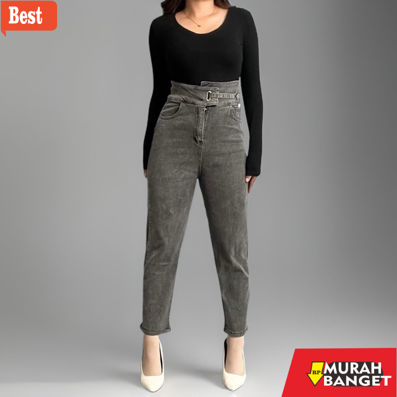 celana jeans wanita terbaru Celana Boyfrend Hw Jeans D46 Tali Pinggang 27-34 Abu