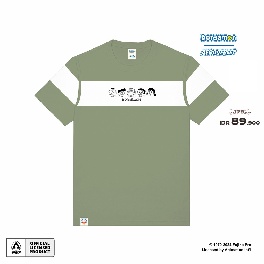 Aerostreet T Shirt Doraemon And Friends Line Off White Hijau Army Muda Kaos ABAAA
