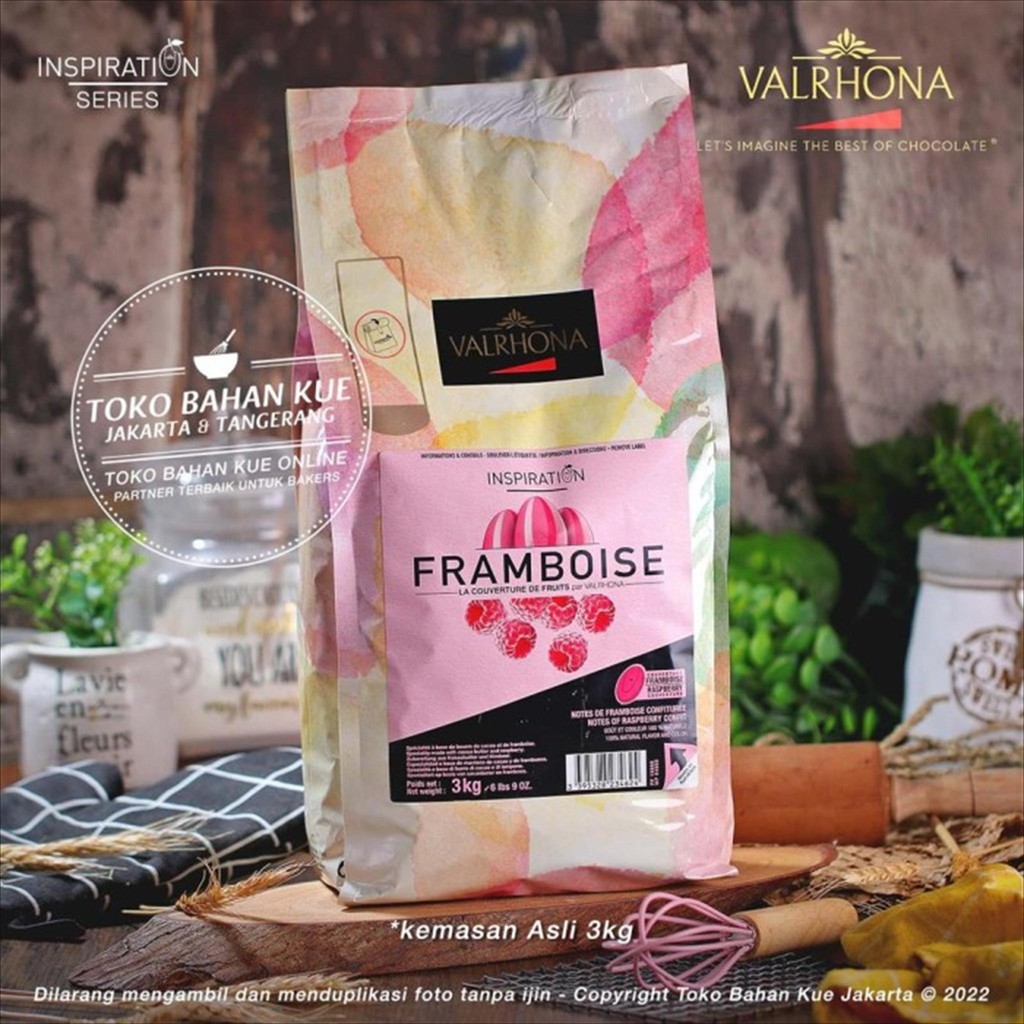 

Valrhona Cokelat Inspiration Framboise Raspberry 3kg Pack ASLI Couverture Chocolate Baking Rasa Raspberry