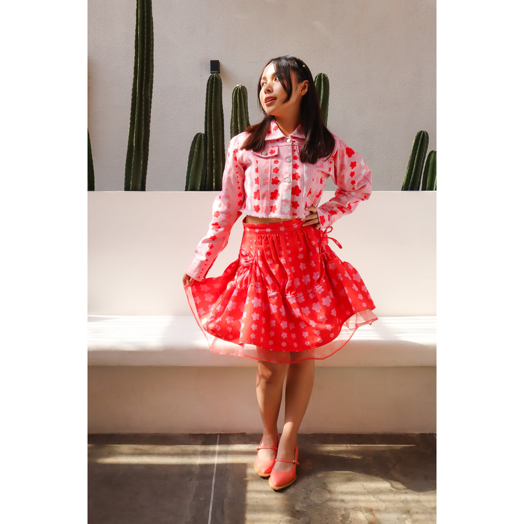 cun_ Calla The Label - Stars Denim Mix Organza Skirt In Red.