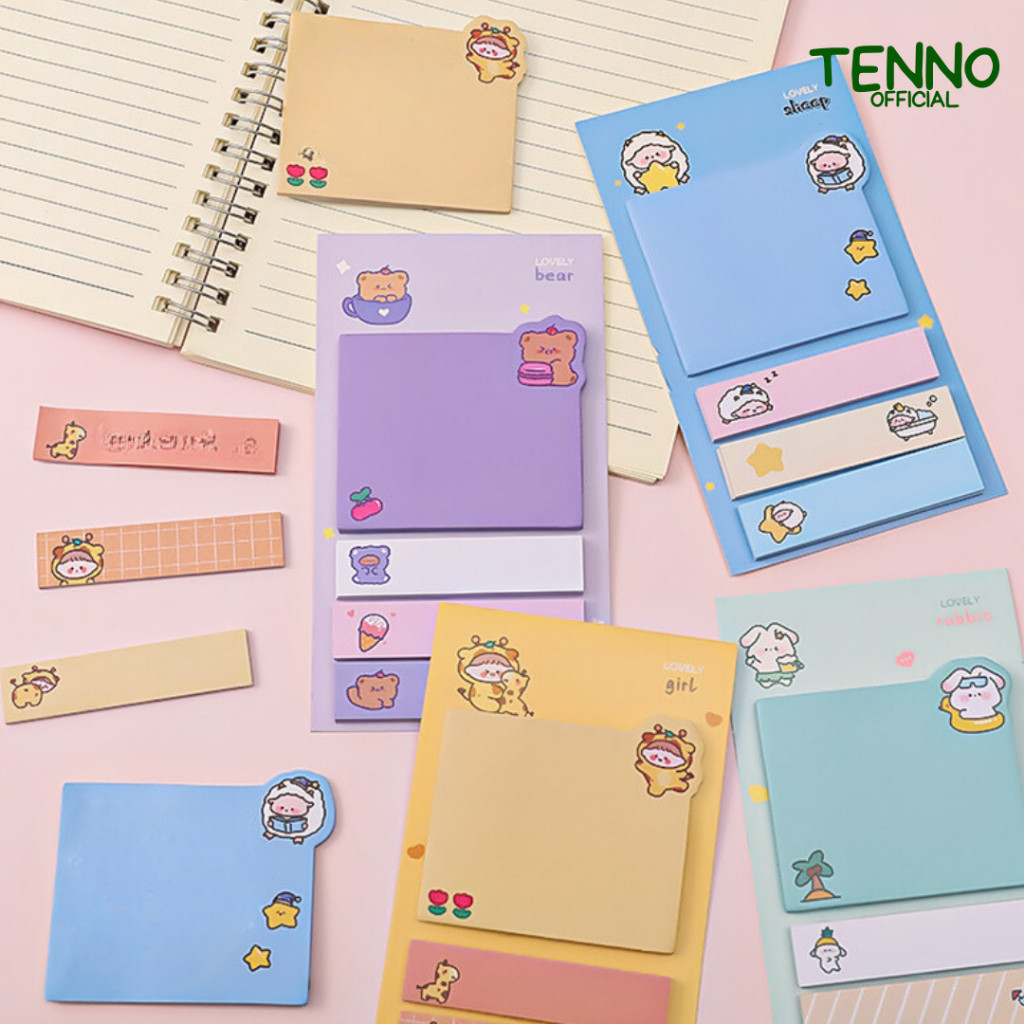 

TENNO Sticky Notes Set Kertas Tempel 4 Motif Lucu Berwarna Post It Penanda Memo Pad Aesthetic Estetik Karakter Character