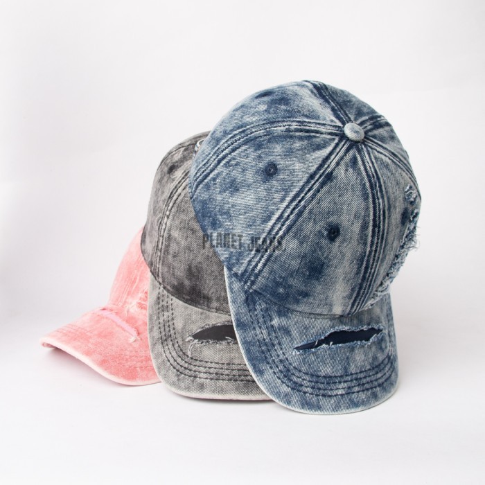 Planet Jeans - Topi Baseball Denim Ripped Pria Wanita Unisex Aksen Robek Acid Washed Series BC18