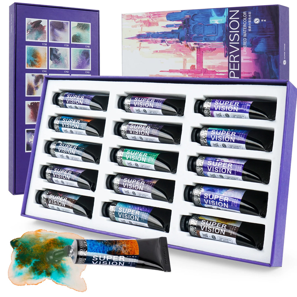 

Super Vision 15Pcs Layered Color Watercolor Pigment Master-level Water Color Paint 15ml Tubes for Drawing Art Suppliers