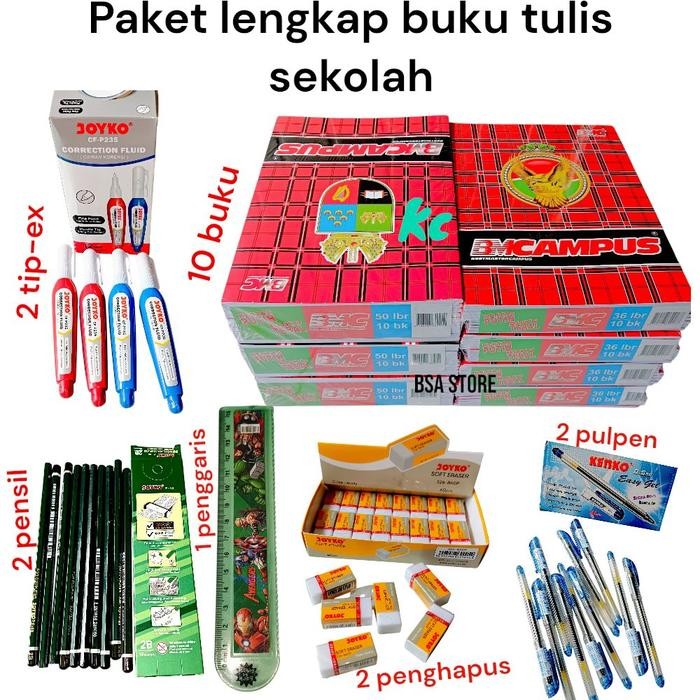 

READY (PROMO) PAKET LENGKAP BUKU TULIS SEKOLAH PANJANG BMCAMPUS ISI 36 LEMBAR 1 PACK 10 BUKU/ 5 BUKU FREE 2 PULPEN+ 2 TIP EX+ 2 PENSIL+ 2 PENGHAPUS+1 PENGGARIS Paper Stationery Kertas - paket 10 buku SIAP KIRIM