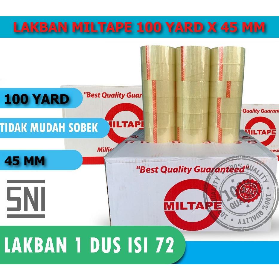

TEBAL FULL 100 YARD 45 MM LAKBAN Miltape / Lakban Bening / COKLAT 1 Dus isi 72 pcs Harga Grosir