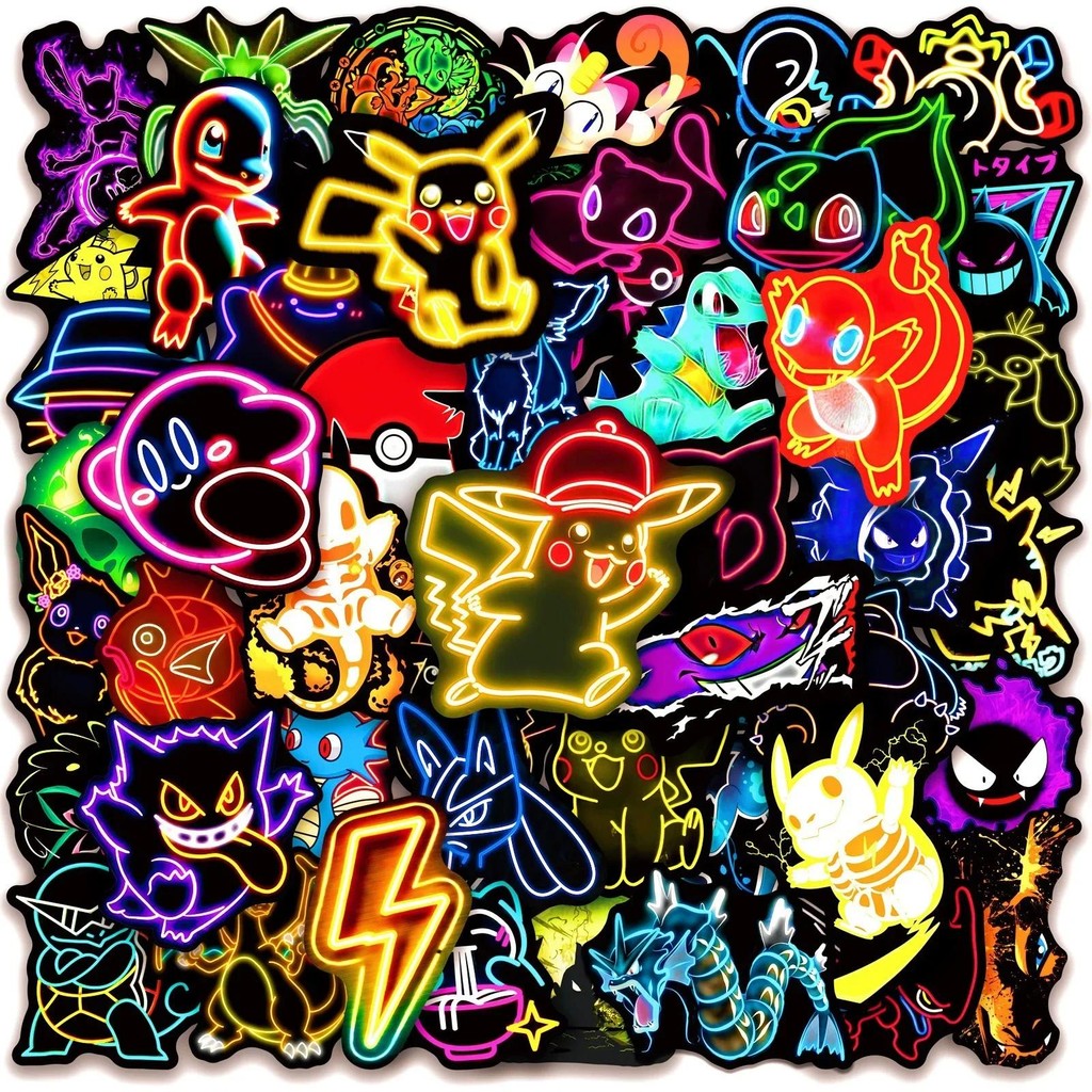 

50Pcs Neon Pokemon Cute Pikachu Stickers Kawaii Laptop Decoration Decal Car Skateboard Luggage Phone Waterproof Sticker Kids Toy