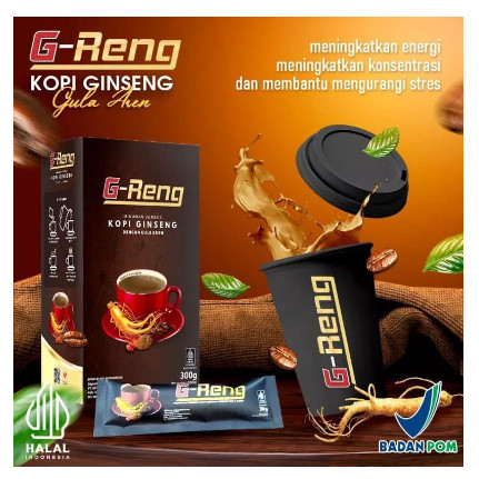 

KOPI G-RENG PREMIUM/KOPI GINSENG UNTUK STAMINA DAN KESEHATAN HARGA 1 BOX ISI 10 SACHET 300 GRAM