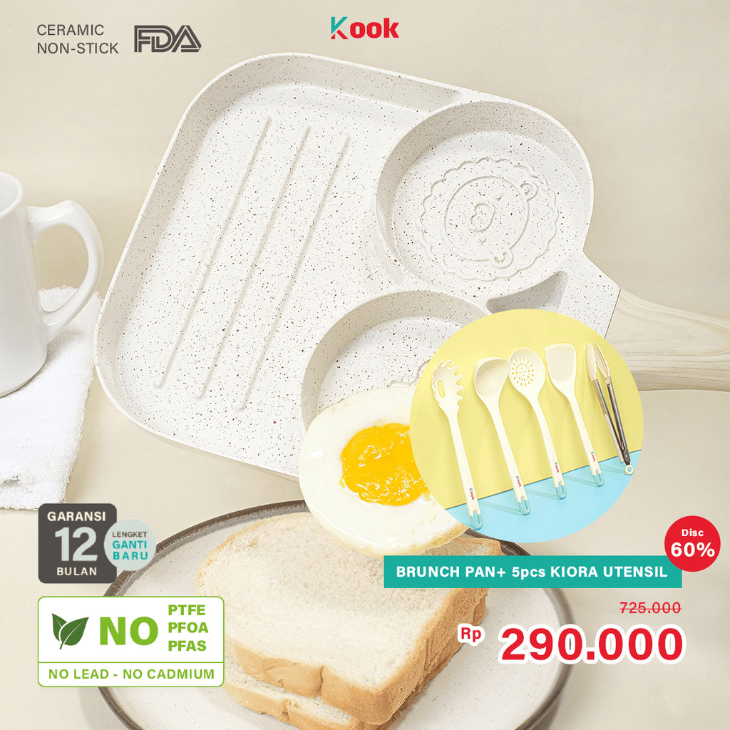 KOOK [BUNDLE PAN+5 SUTIL] Brunch Pan + KIORA 5pcs Utensils - Alat Masak 3in1 Panci Wajan Sarapan Ant