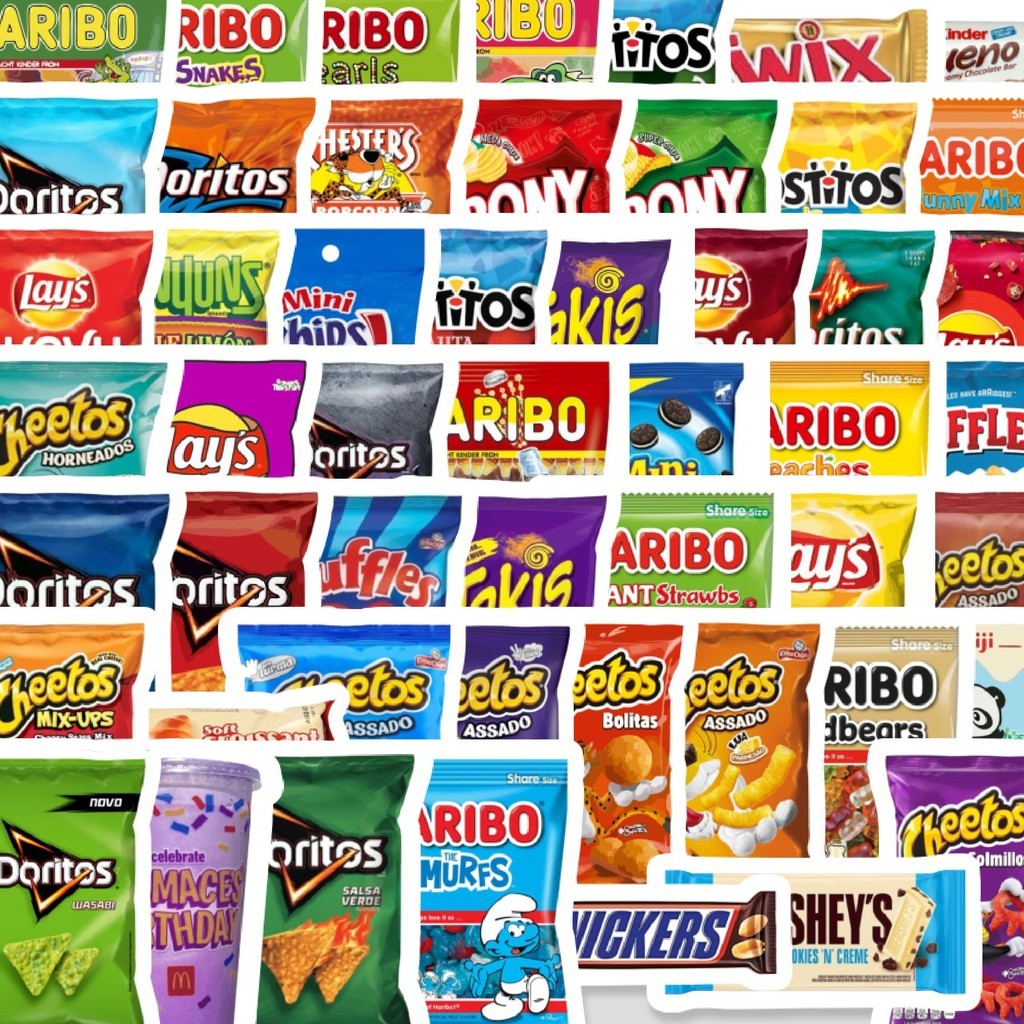 

Stiker Cutting Pack Stiker Desain Makanan Ringan & Permen Isi 100Pcs Series Aesthetic Lucu Keren Untuk Koper Bahan Vynil