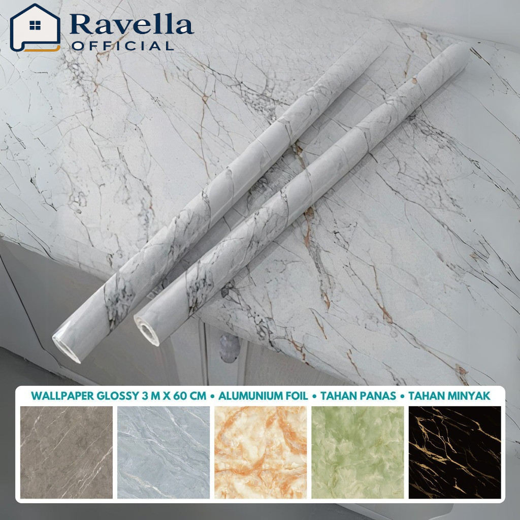 [35 Motif] Wallpaper Glossy Marmer Marble Ravella Marmer Dapur Meja Furniture 3 m x 60 cm Glossi Kit