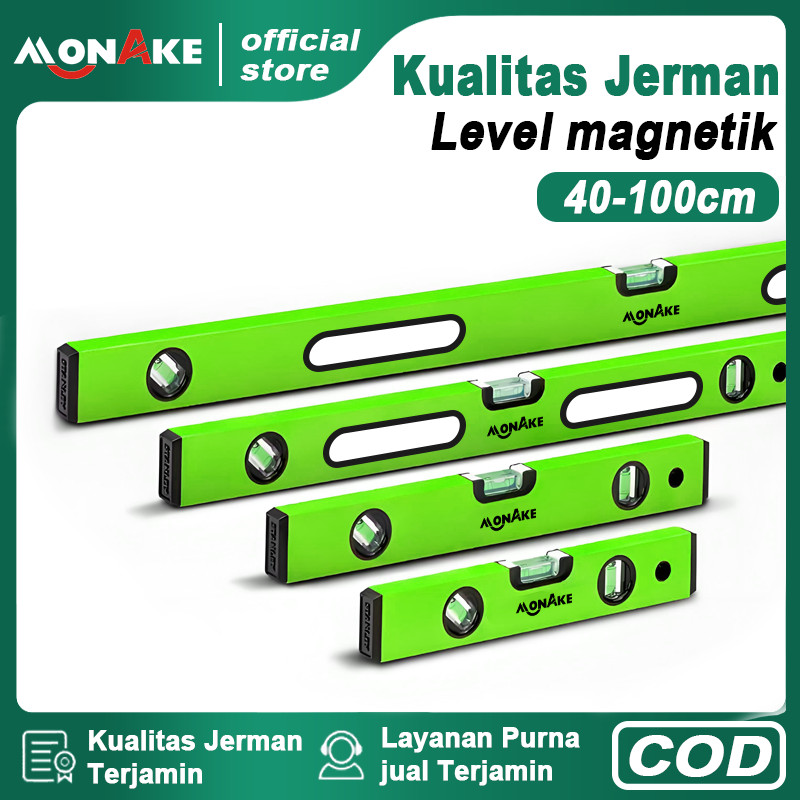 MONAKE German Level magnetik Waterpass Aluminium（COD） Waterpas Magnetic 40/60/80/100CM Akurat Perkak