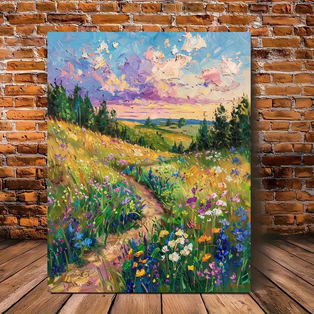 

summer landscape canvas painting, golden wheat field and colorful wildflowers printed poster home living room bedroom decoration
