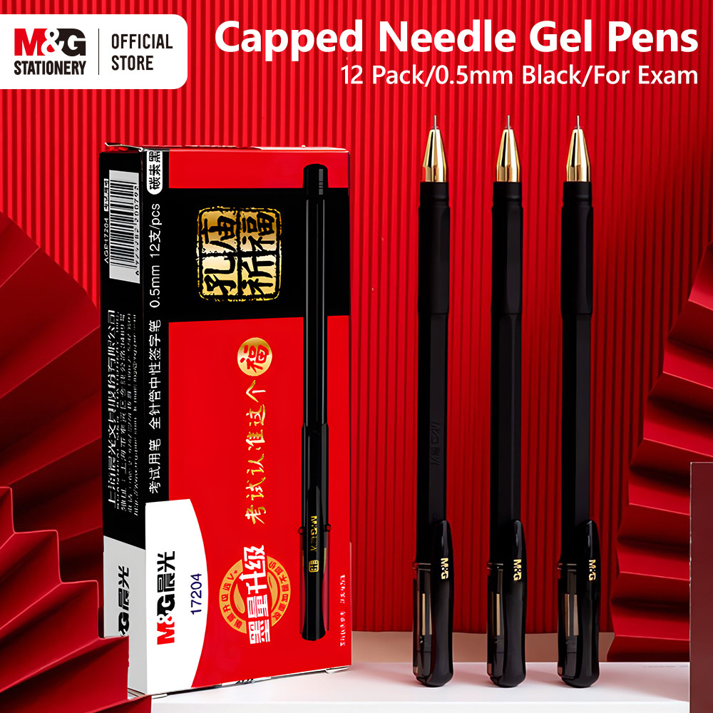 

M&G 12pcs Gel Pen 0.5mm Black Full Syringe Exam Signature Pen Drawer Cap Student Pen Final Midterm Exam