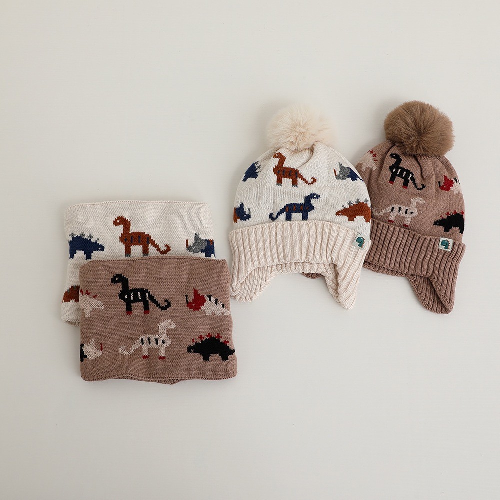 2pc3-12Y Children's Little nosaur Knitted Cap, Children's Warm ear-protecting hat Scarf Set, autumn 