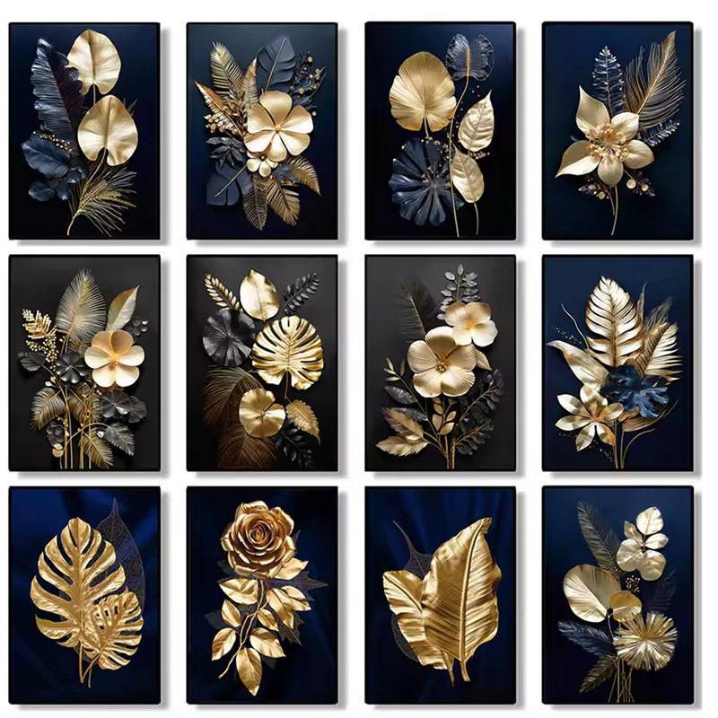 

Nodic Botanical Canvas Painting Black and Golden Leaves Flowers Posters and Prints Abstract Art Pictures Living Room Home Decor